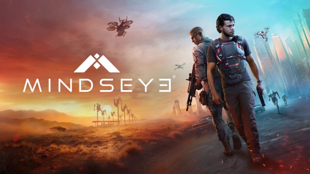 The key art for the game "MindsEye", showing the same character in two different outfits standing back to back, and the game's logo on the left hand side
